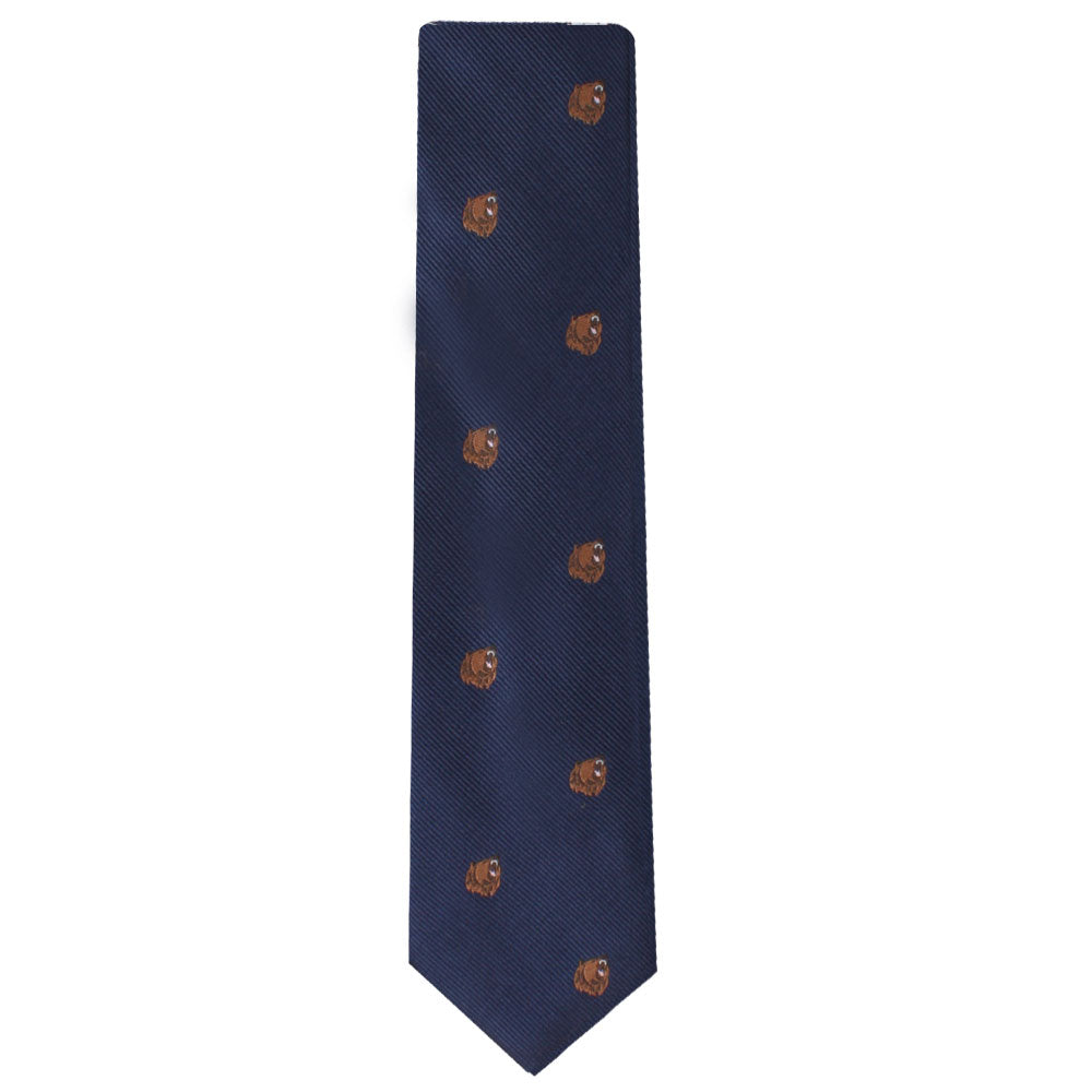 The Grizzly Bear Necktie features sophisticated brown grizzly bear embroidered patterns on a navy blue background, exuding an untamed allure.