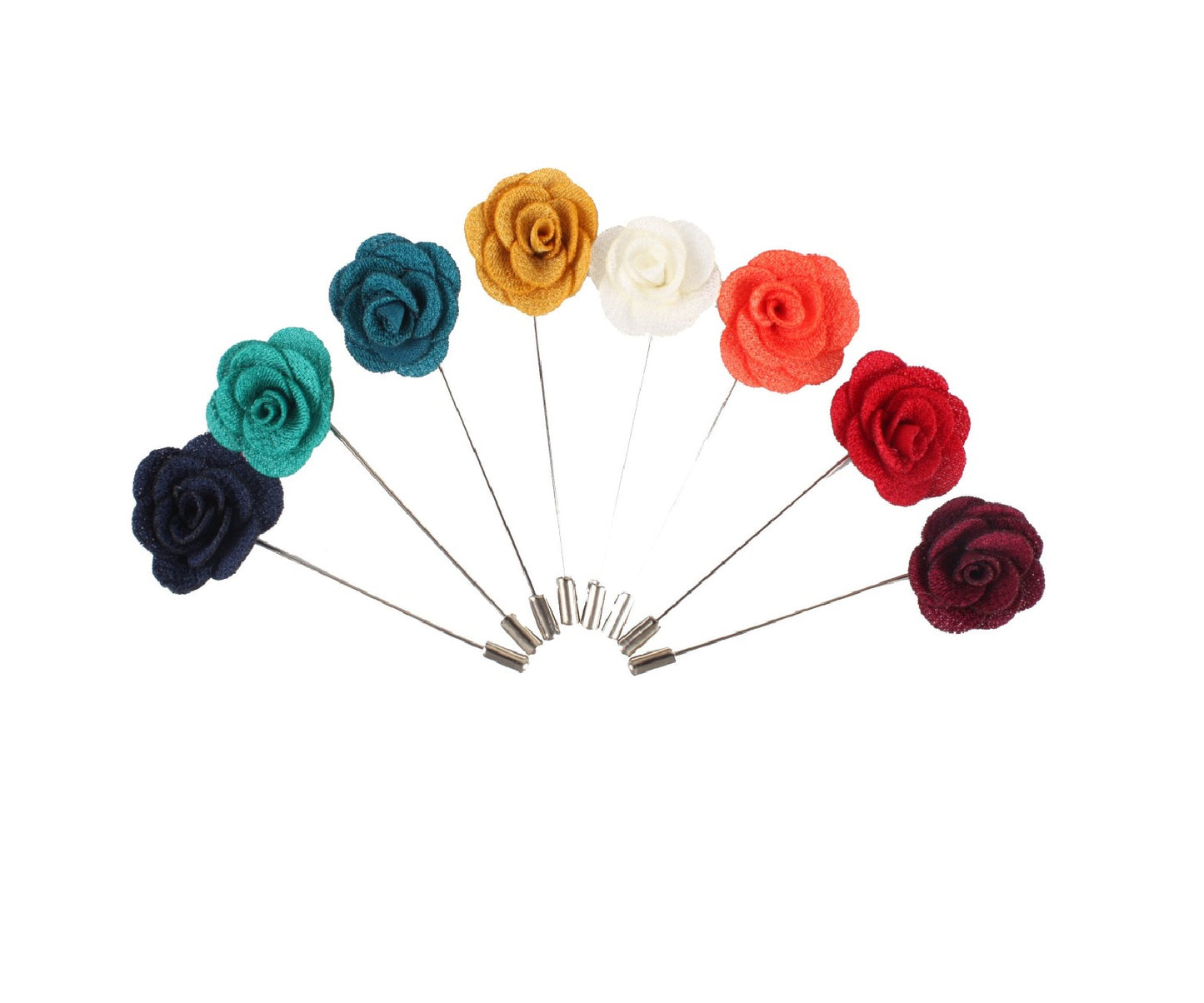 Nine vibrant fabric flower lapel pins, including the Coral Green Flower Lapel Pin, form a semicircle in shades of teal, blue, and coral green. Each pin is perfect for weddings with hues of yellow, white, orange, red, and dark red on a pin.
