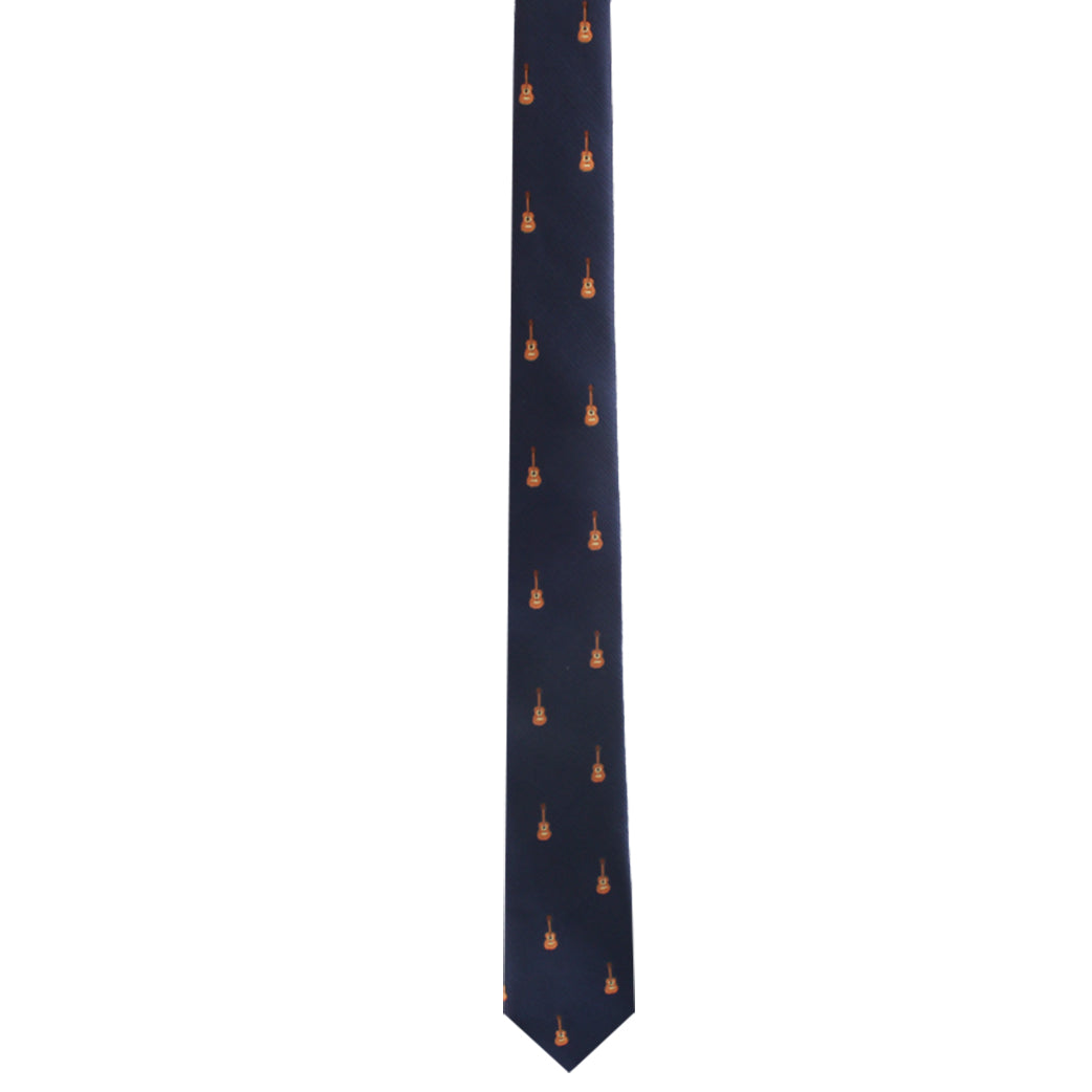 A navy blue Guitar Lover Gift featuring a pattern of small orange guitar motifs, expressed stylishly against a plain background.