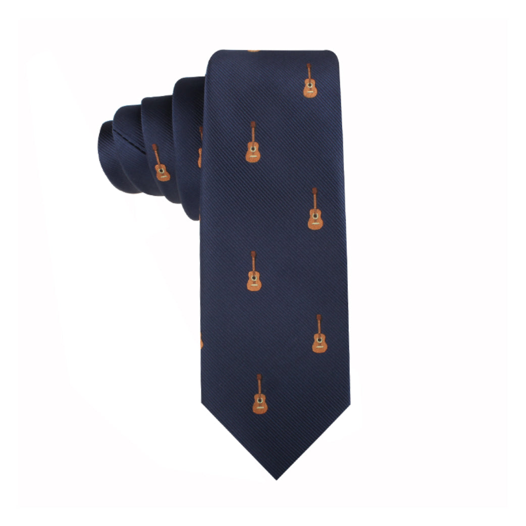 Navy blue Guitar Slim Tie with a stylish design of orange guitars, displayed against a white background.