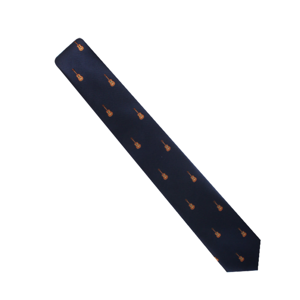 A Guitar Themed Tie patterned with small orange fox motifs, expressed through a stylish design, displayed against a white background.
