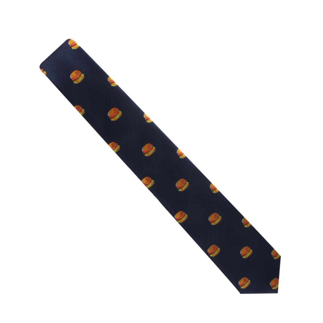The Hamburger Print Necktie, featuring a charming cheeseburger pattern against a navy blue background, makes a bold statement by blending style with universally adored flair.