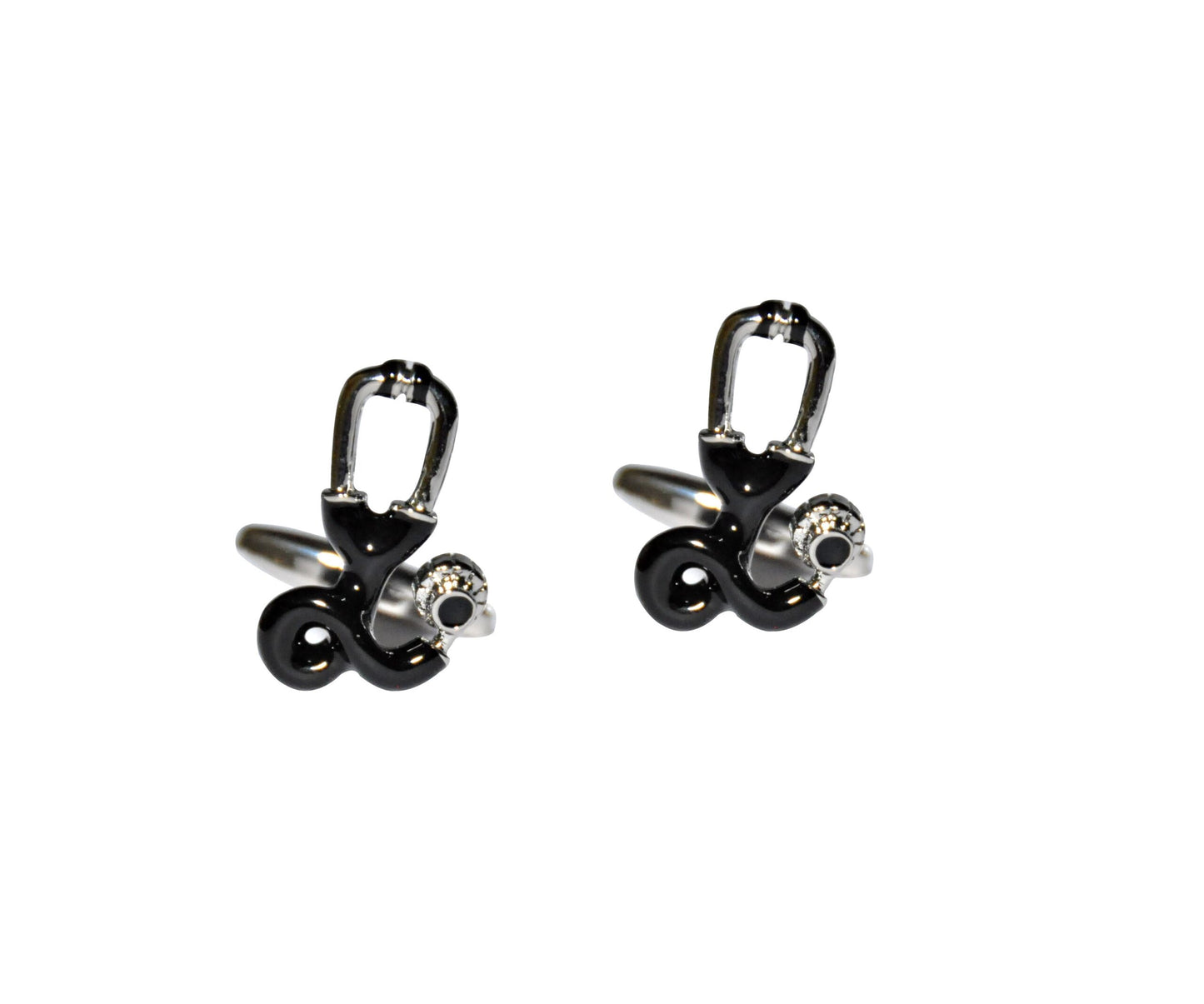 A pair of black and silver Doctor Stethoscope Cufflinks with heartfelt elegance features a unique, abstract design that resembles a stethoscope figure.