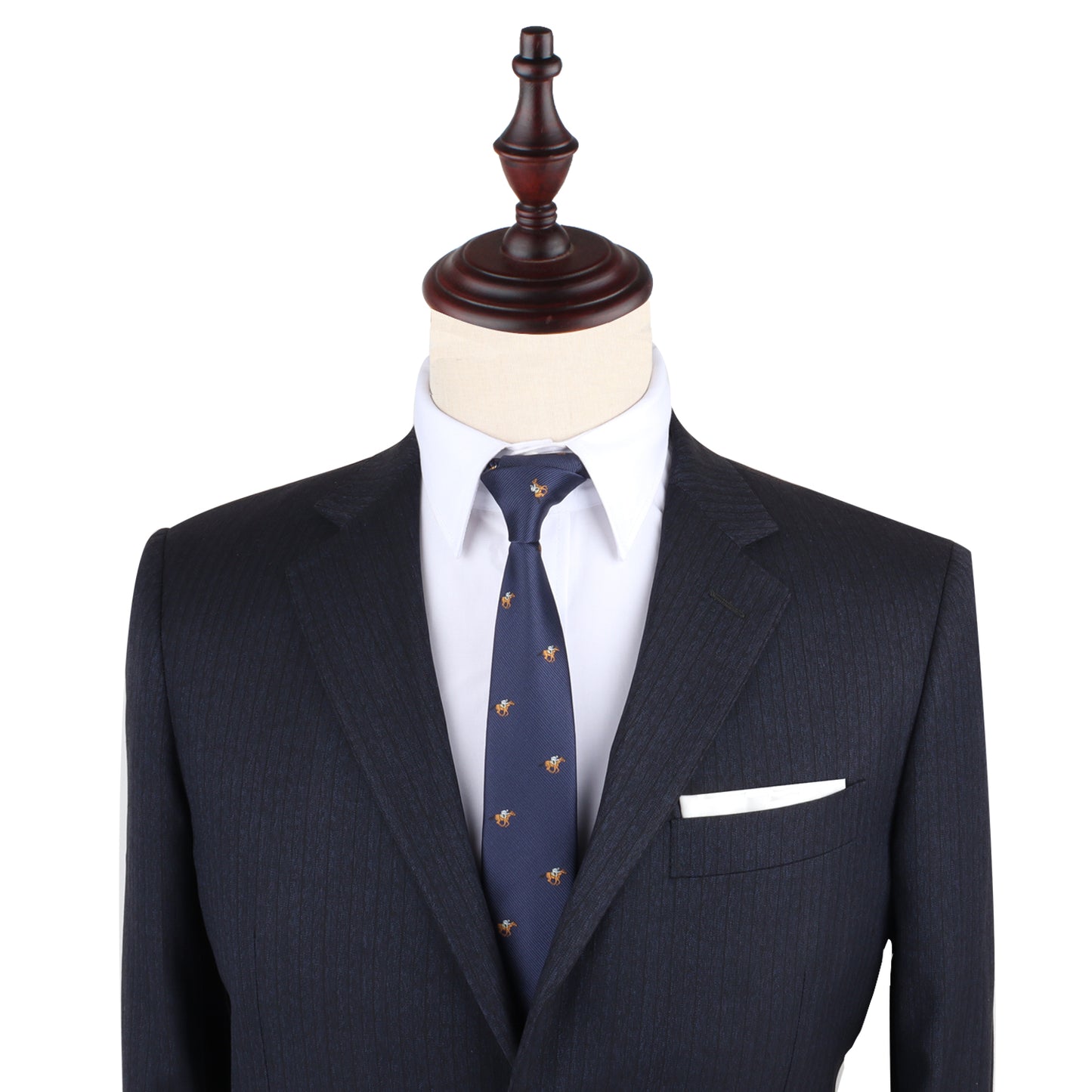 A dashing blue suit with a Horse Racing Slim Tie leads the way on a mannequin, exuding elegance.