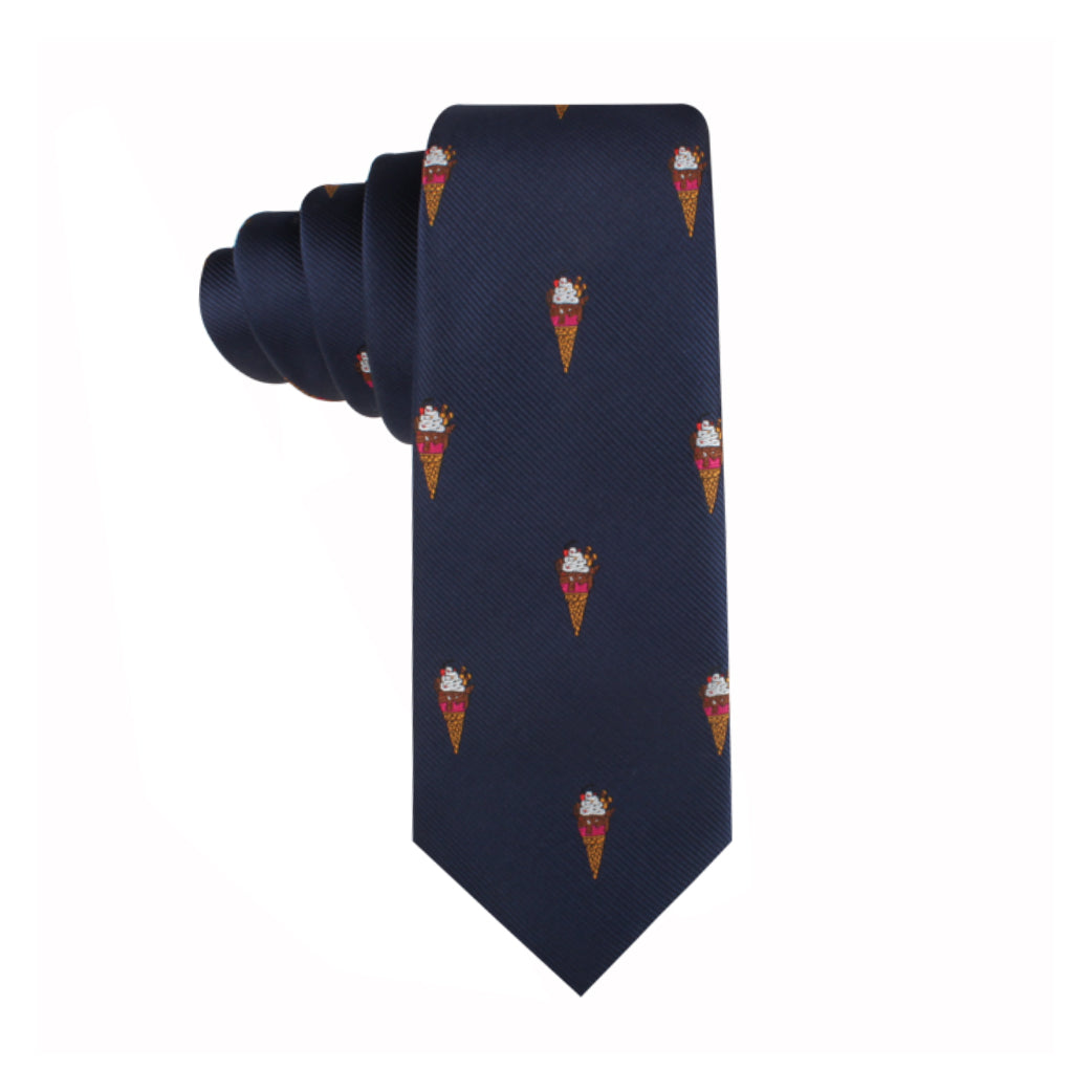 Navy blue Ice Cream Thin Tie with a pattern of colorful ice cream cones, exhibiting a sweet style, rolled up and displayed against a white background.