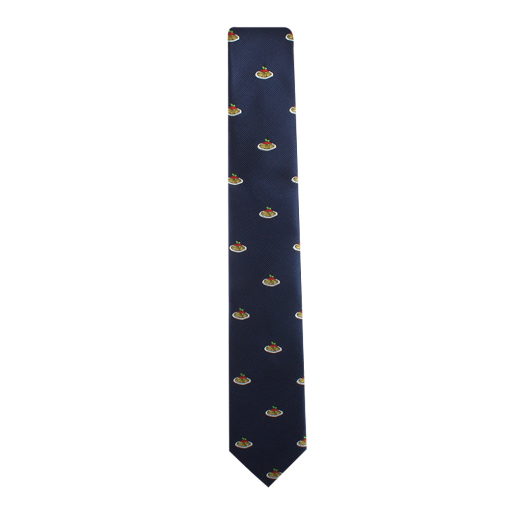 The Italian Cuisine Tie features a repeating pattern of small, multicolored emblems on a dark blue background, showcasing modern style with Italian flair.
