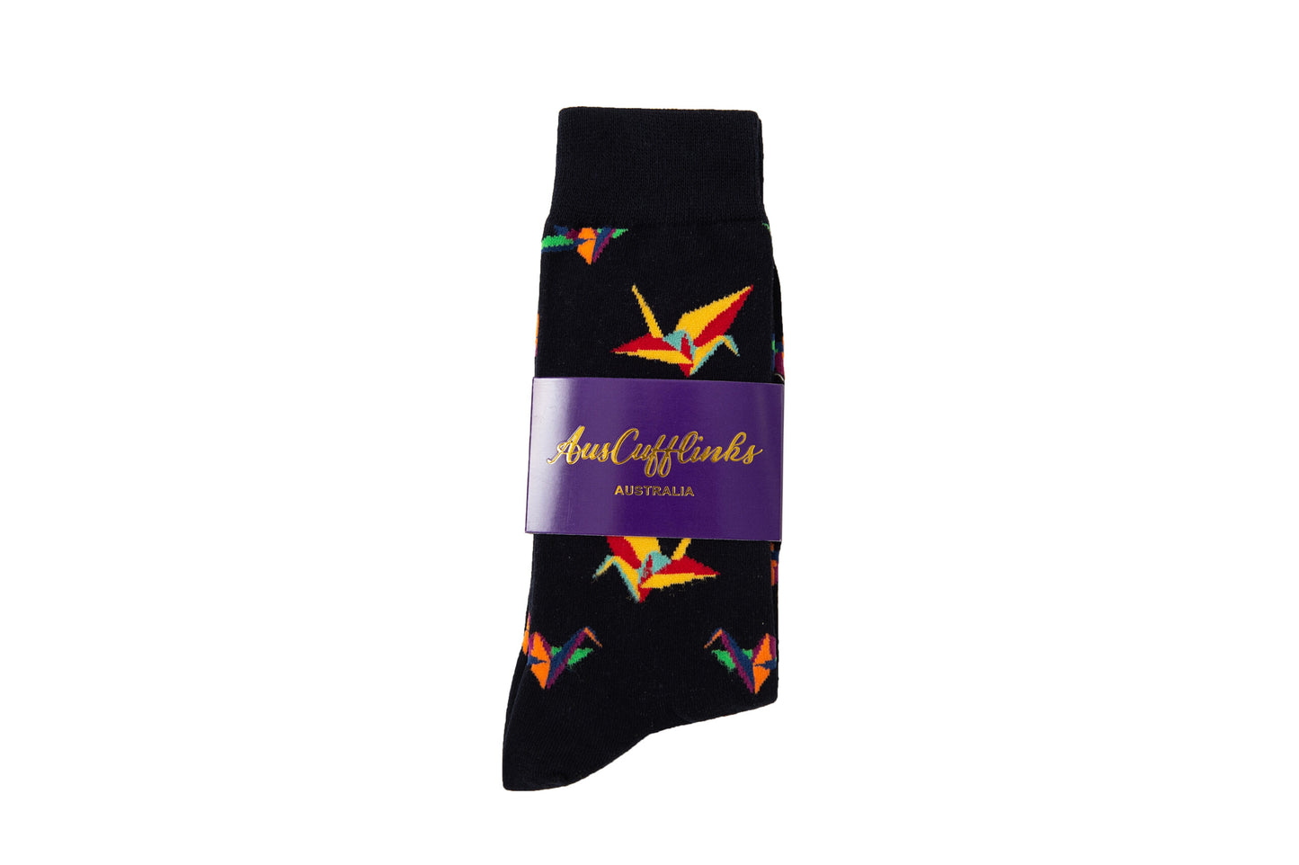 Origami Socks feature a black design adorned with a vibrant origami crane pattern, wrapped in a purple band labeled "Aruf Cufflinks Australia," exemplifying folded finesse and crafted comfort.