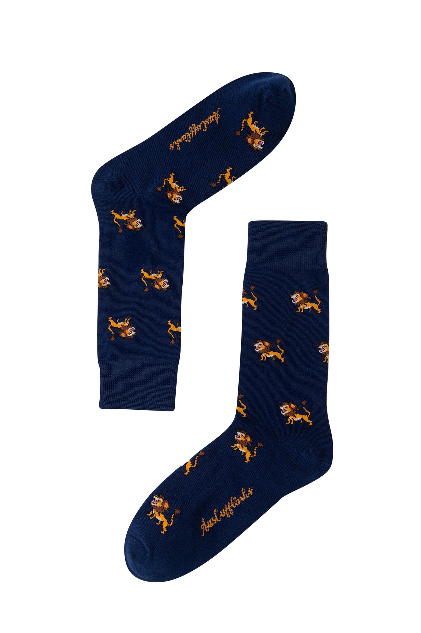 Lion Socks: Navy blue socks with yellow embroidered lions and "Aristocracy" near the toes—perfect for wildlife sock enthusiasts.