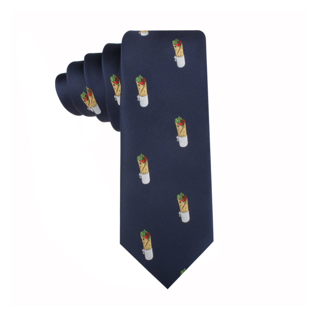 The Kebab Thin Tie, in navy blue adorned with small images of burritos, captures the essence of playful elegance.