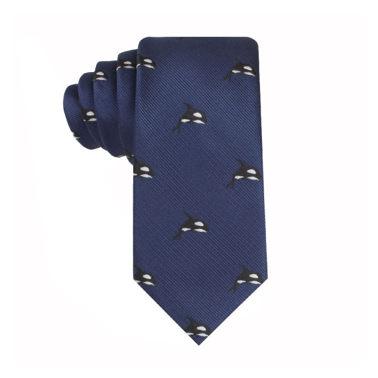 Majestic Killer Whale Slim Tie featuring a pattern of small black and white orca whales, exuding contemporary elegance.
