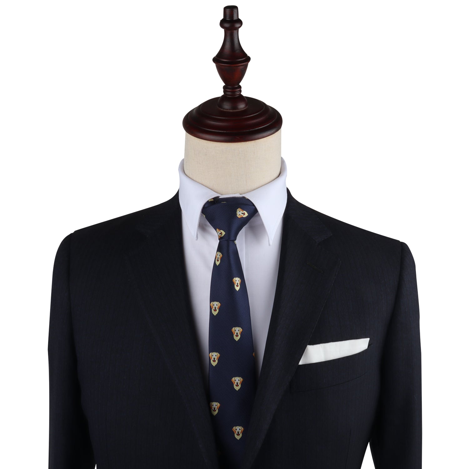 Against a white background, a mannequin showcases a dark suit jacket, white shirt, and patterned dark blue tie—almost as stylish as the Labrador Dog Skinny Necktie.