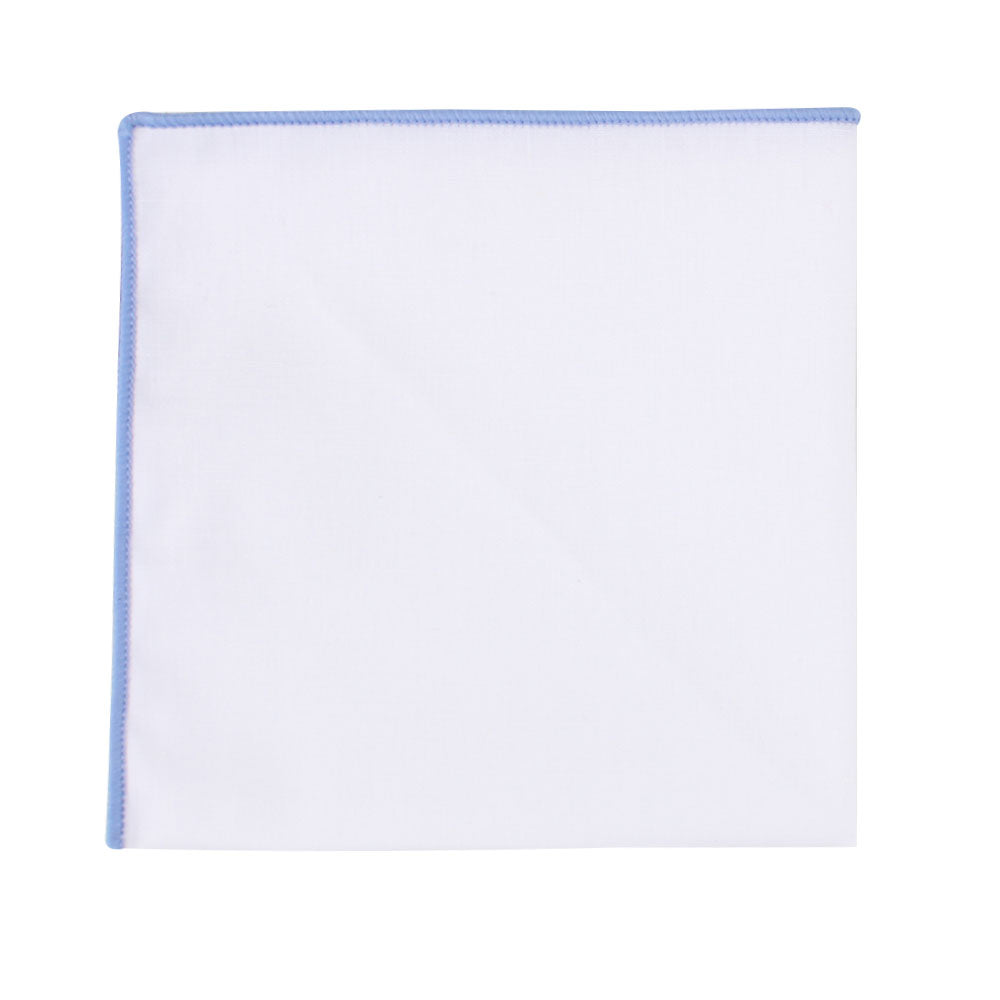This refined accessory, the Light Blue Edge White Pocket Square, features a light blue trim on one side and is laid flat on a plain background.