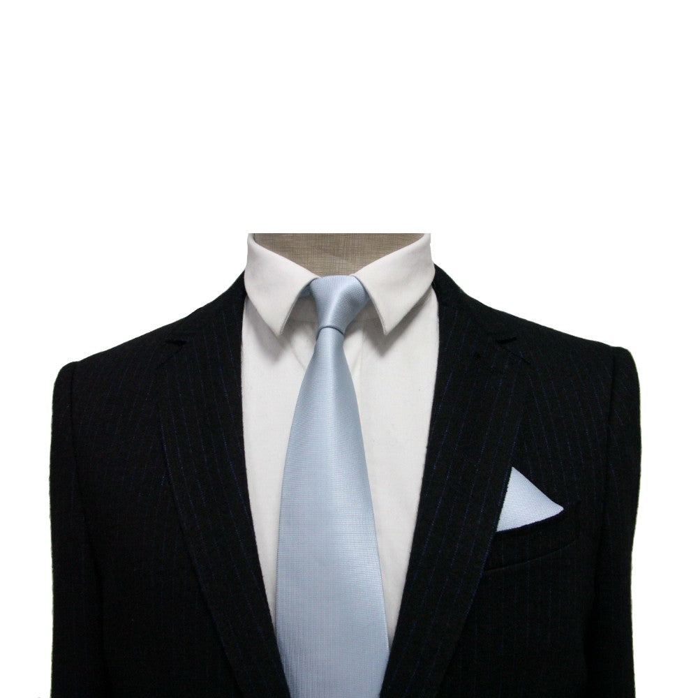The formal pinstripe suit features a white shirt, a light blue tie, and is complemented by the chic Light Blue Pocket Square on the mannequin.