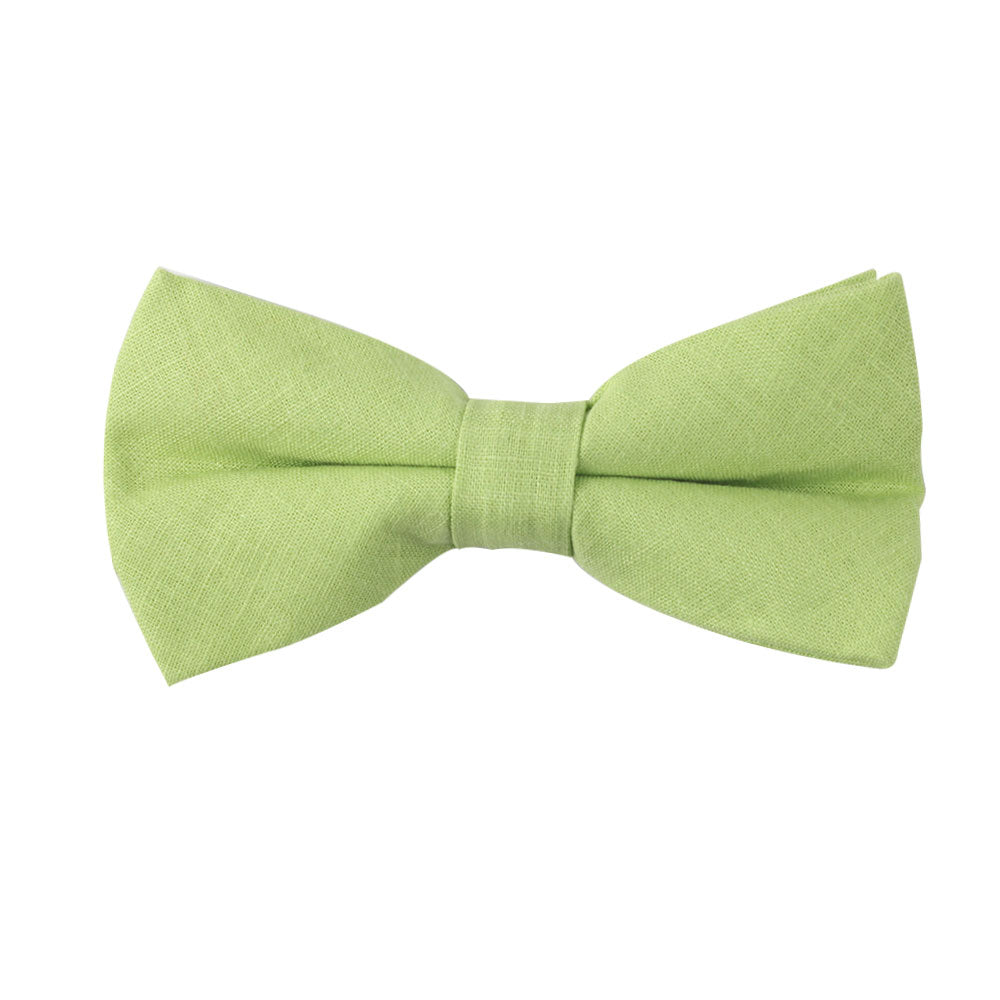 The Lime Green Cotton Bow Tie & Pocket Square Set features a classic design, ideal for spring weddings, and is showcased on a white background.