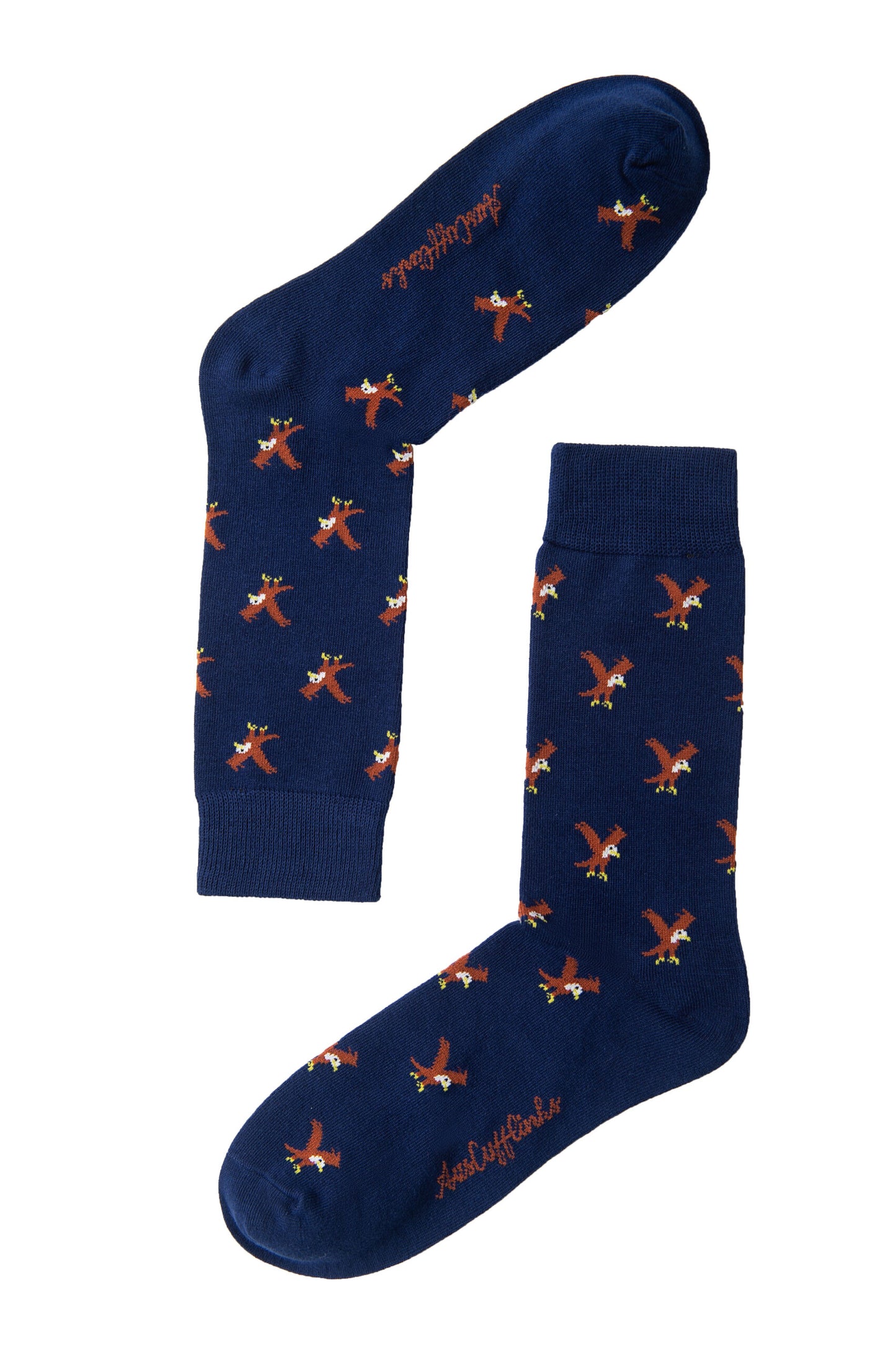 A pair of navy blue Eagle Bird Socks featuring small, repeating embroidered bird designs and "And Soulland" text on the soles—ideal for animal and bird lovers.