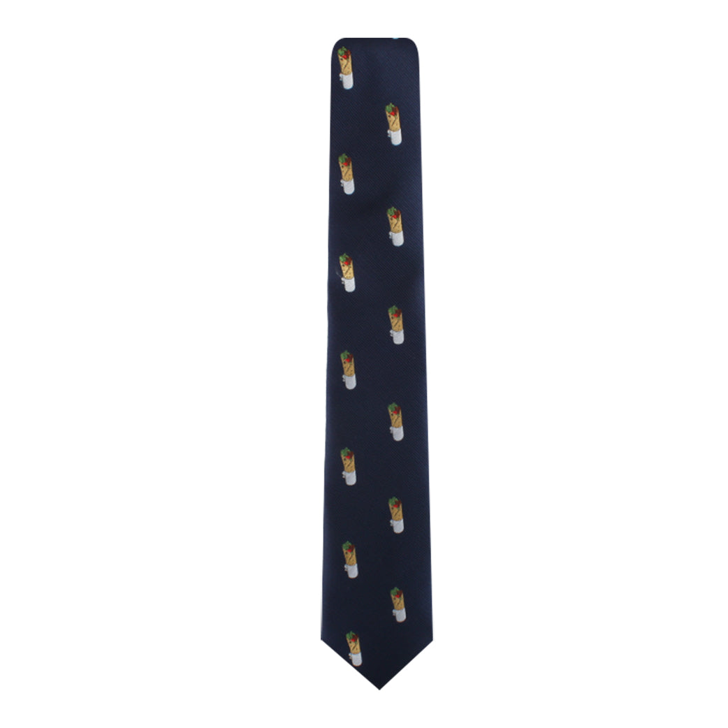 The Mediterranean Tie, a navy-blue accessory infused with fun, features a playful pattern of small burrito images.