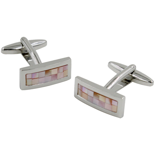 The Pink Shell Stone Cufflinks are designed for formal occasions, featuring rectangular pink and cream mosaic inlays on a white background.