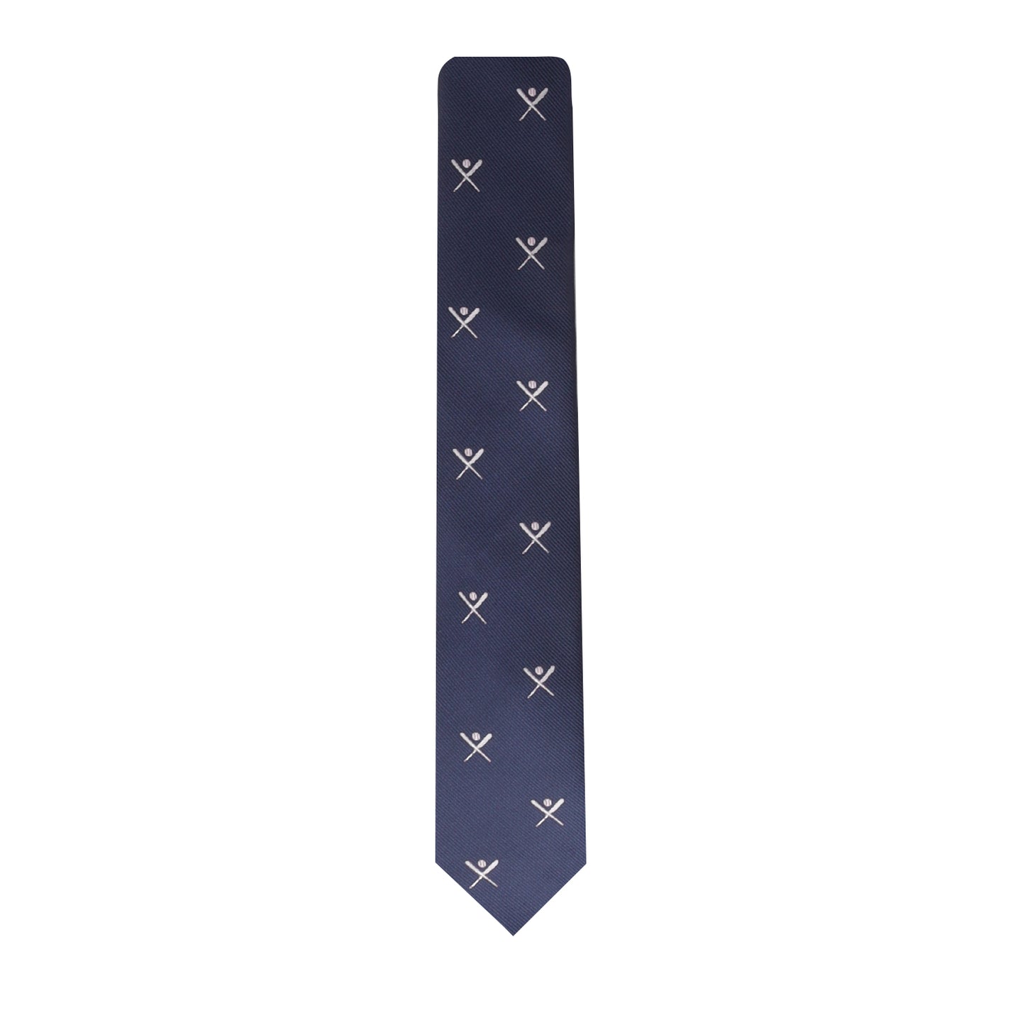 The Mens Sports Tie, featuring a navy blue design with a repeating pattern of small crossed baseball bats, exudes elegance, making it perfect for any occasion.