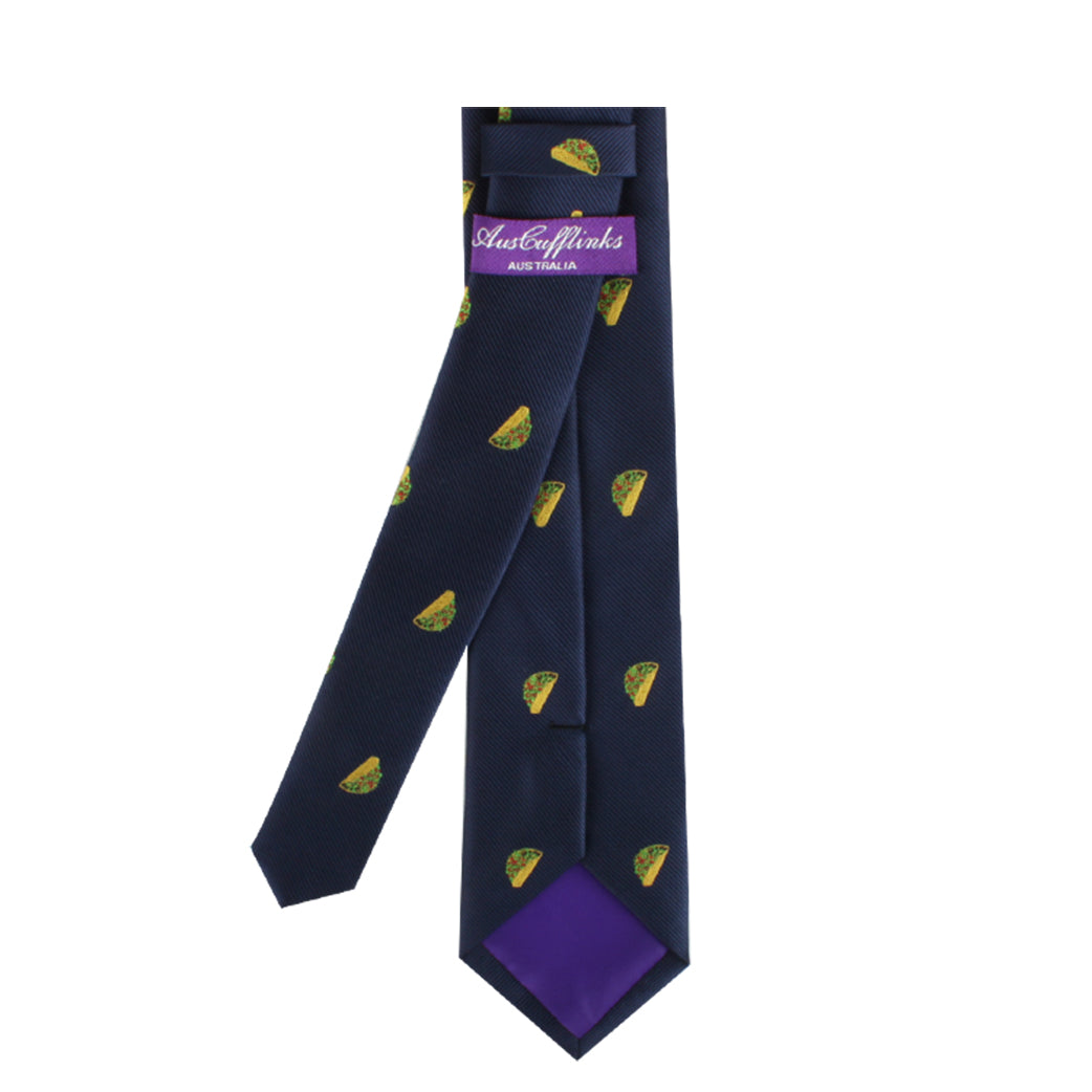 A Mexican Cuisine Tie, exuding a modern style, and a purple label marked "Australiana" and "Australia," showcasing a detailed stitched design on the back.