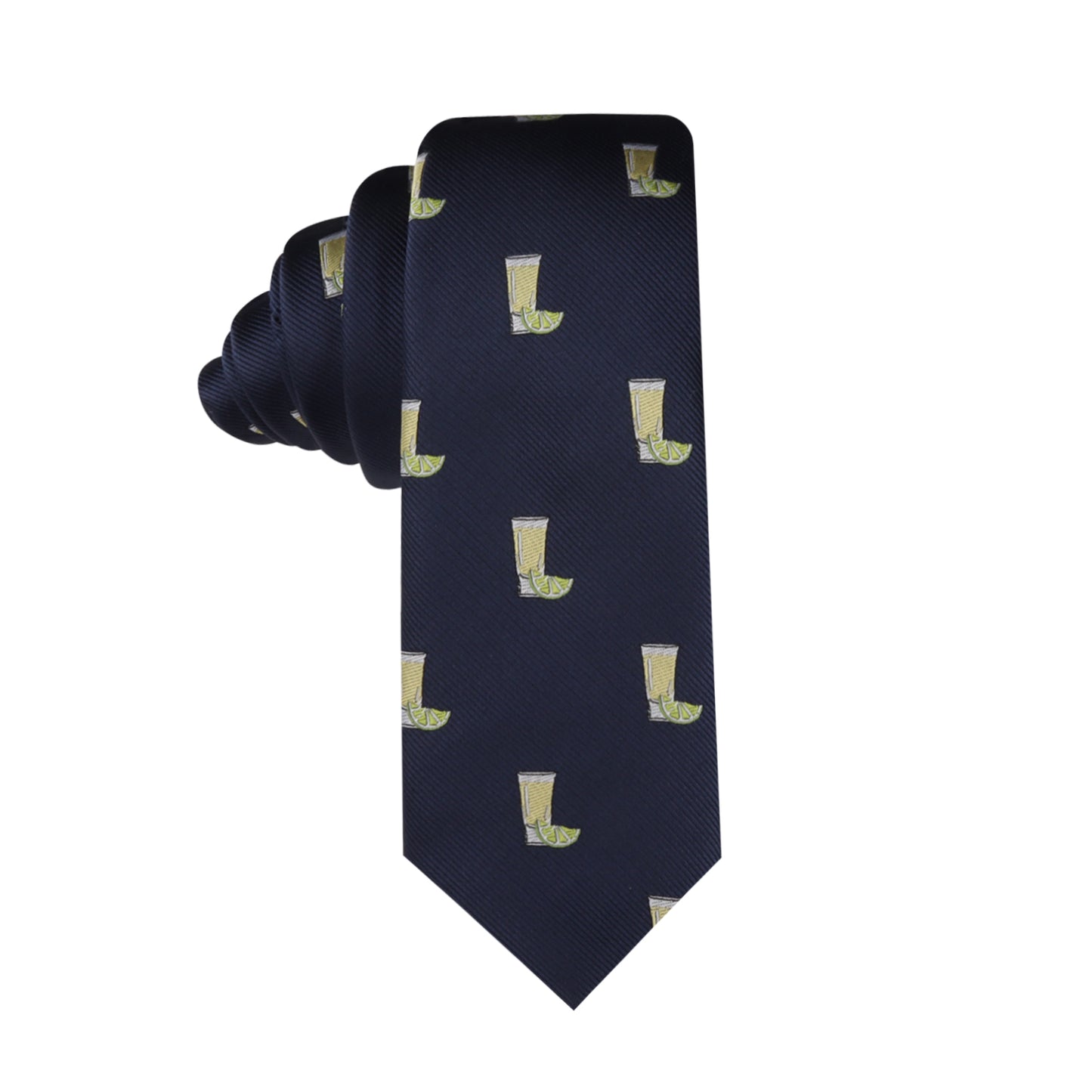Introducing the Tequila Skinny Tie: a sharp navy blue necktie adorned with a lively pattern of small, yellow beer mugs, sure to add a touch of zest to any outfit.