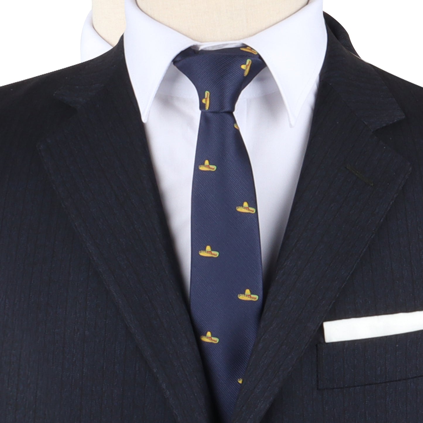 Close-up of a mannequin wearing a dapper design: a dark pinstripe suit, white shirt, and the Sombrero Skinny Tie, which is navy with small yellow submarine motifs.