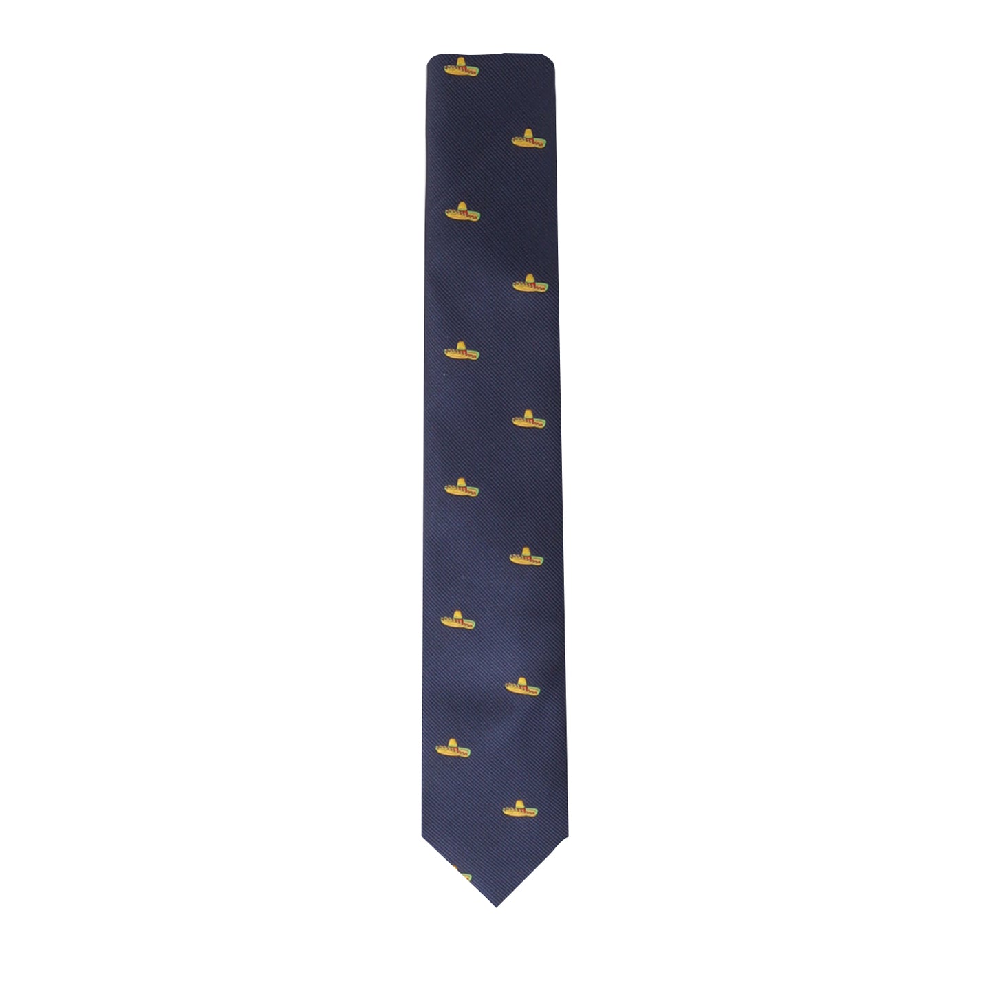 A Sombrero Skinny Tie in navy blue adorned with a dapper design featuring small yellow rubber ducks.