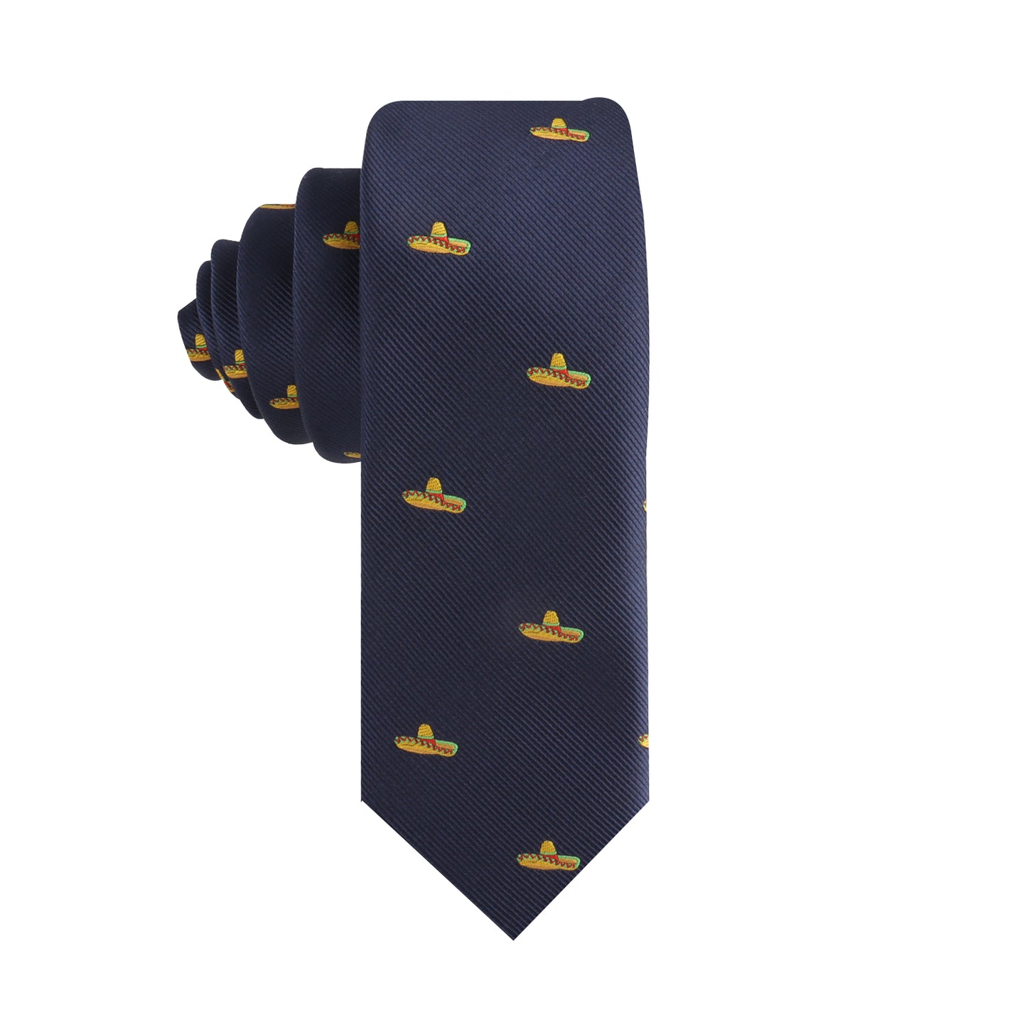 The Sombrero Skinny Tie is a navy blue accessory with a stylish design, showcasing small embroidered yellow and green symbols in a repeating pattern, ideal for infusing any outfit with a festive touch.