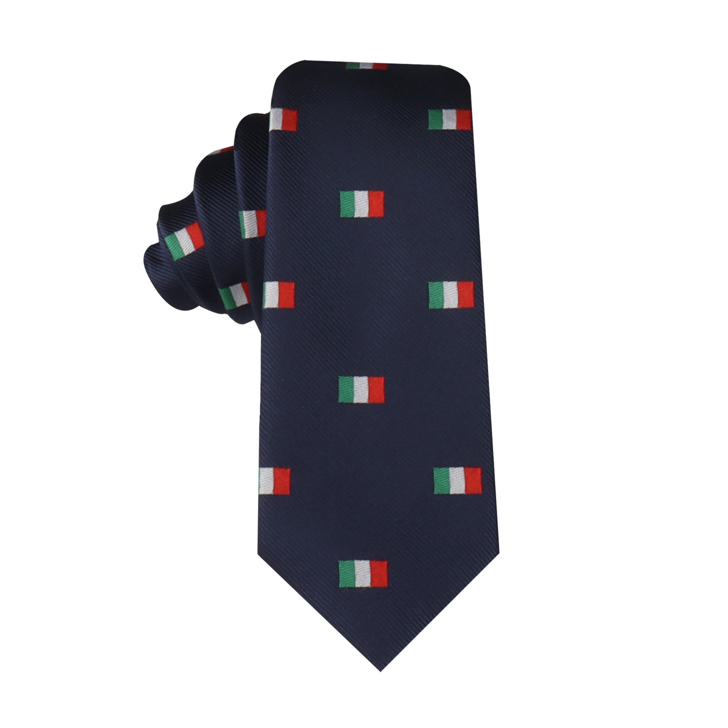The Mexican Italian Flag Skinny Tie features a premium navy blue design with small, evenly spaced Italian flags, making it a subtle yet stylish way to showcase cultural pride.