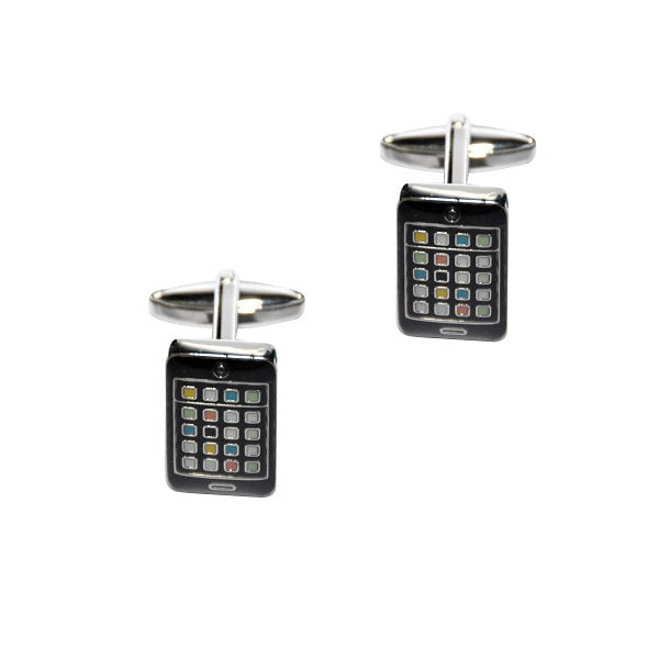 The Mobile Cufflinks are luxury accessories designed to resemble high-tech smartphones, showcasing app icon displays on the front.