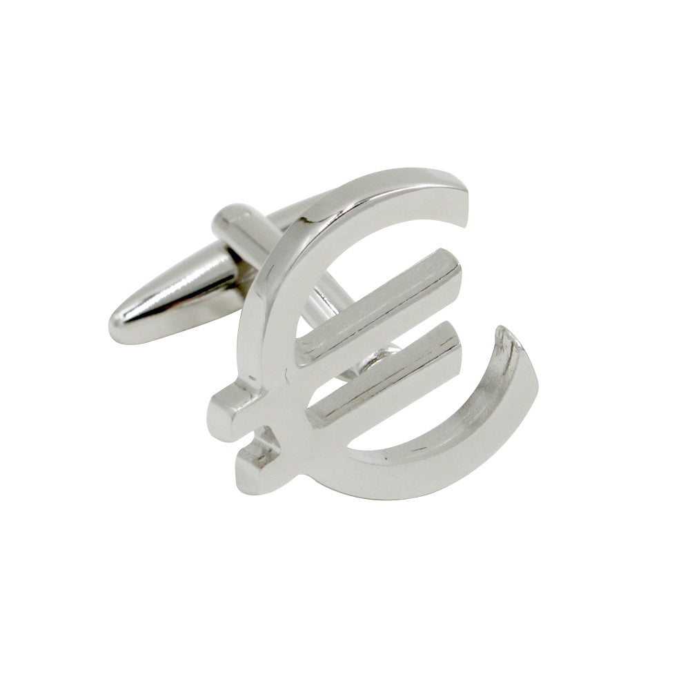 Silver Euro Cufflinks, beautifully designed in the shape of the Euro currency symbol, set against a white backdrop. Ideal for enthusiasts of international trade and financial style.