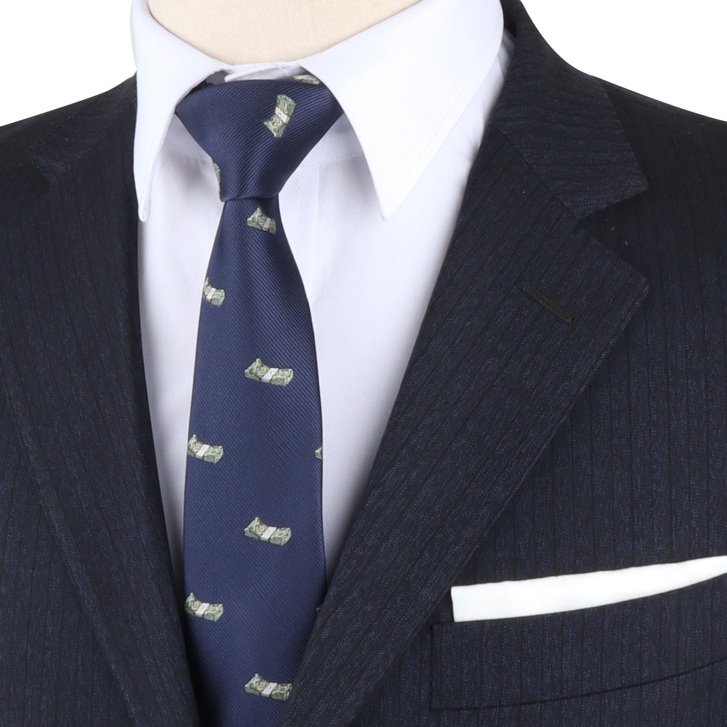 A mannequin wearing a
Money Motif Tie
and luxe suit.