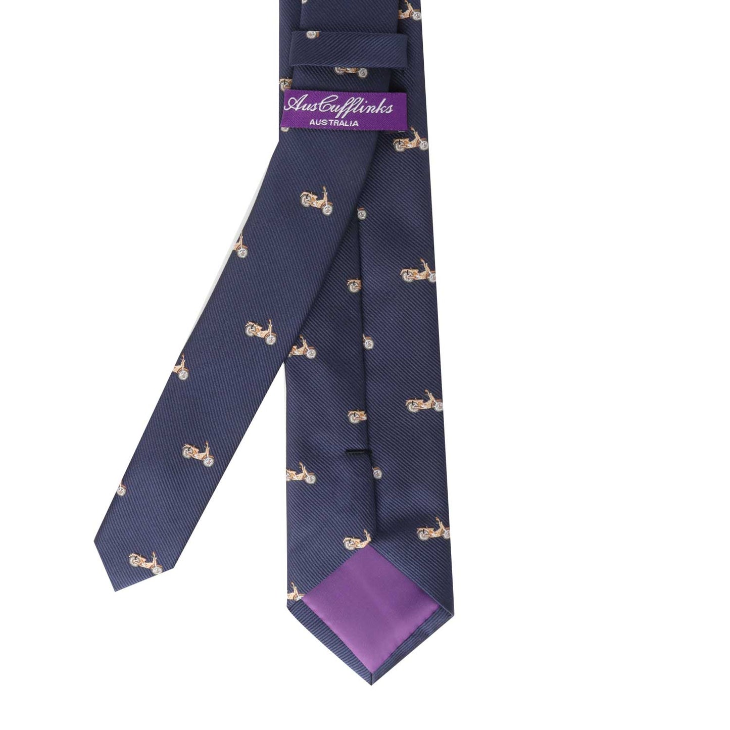 Navy blue tie with a subtle motorbike pattern and purple lining, ideal for adding a touch of elegance while cruising through the fast lane, labeled Motorcycle Necktie by AussieCufflinks Australia.
