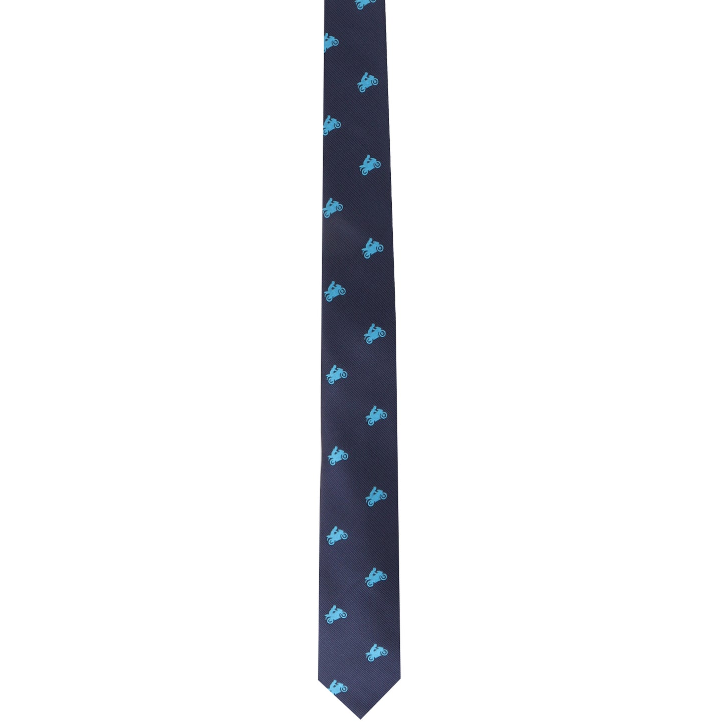 A dark blue Motorcycle Rider Tie with a ride-inspired pattern of light blue bicycles.