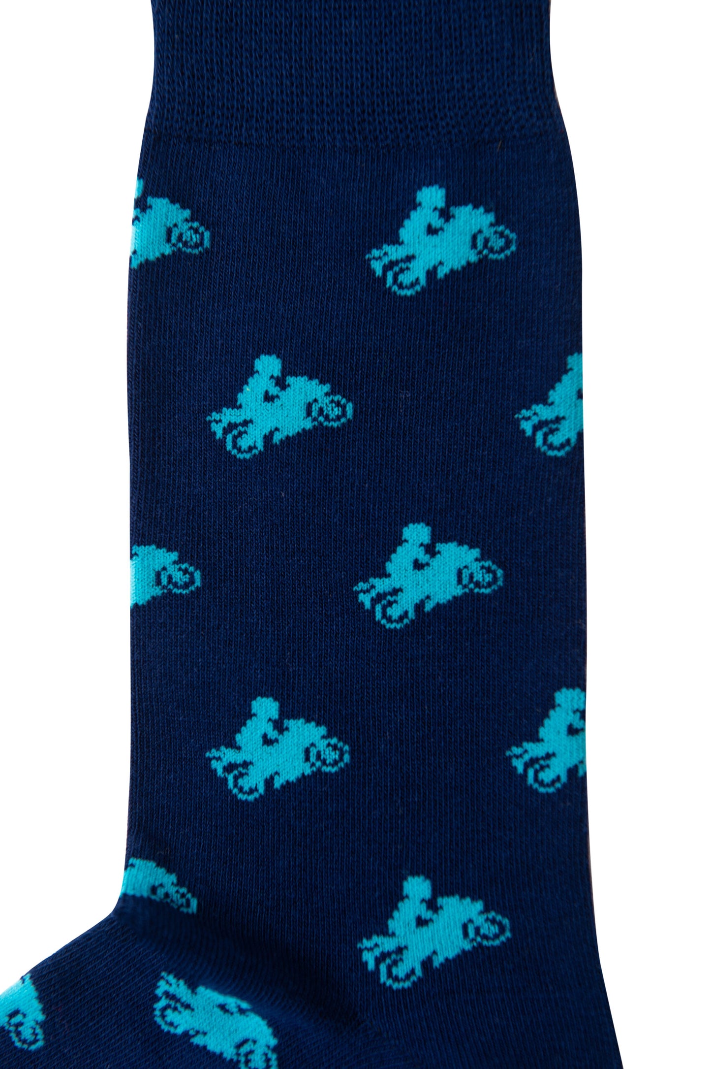 Close-up of Motorbike Socks in navy blue, featuring a repeating light blue motorcycle pattern—ideal for motorcycle enthusiasts or as a distinctive biker gift.