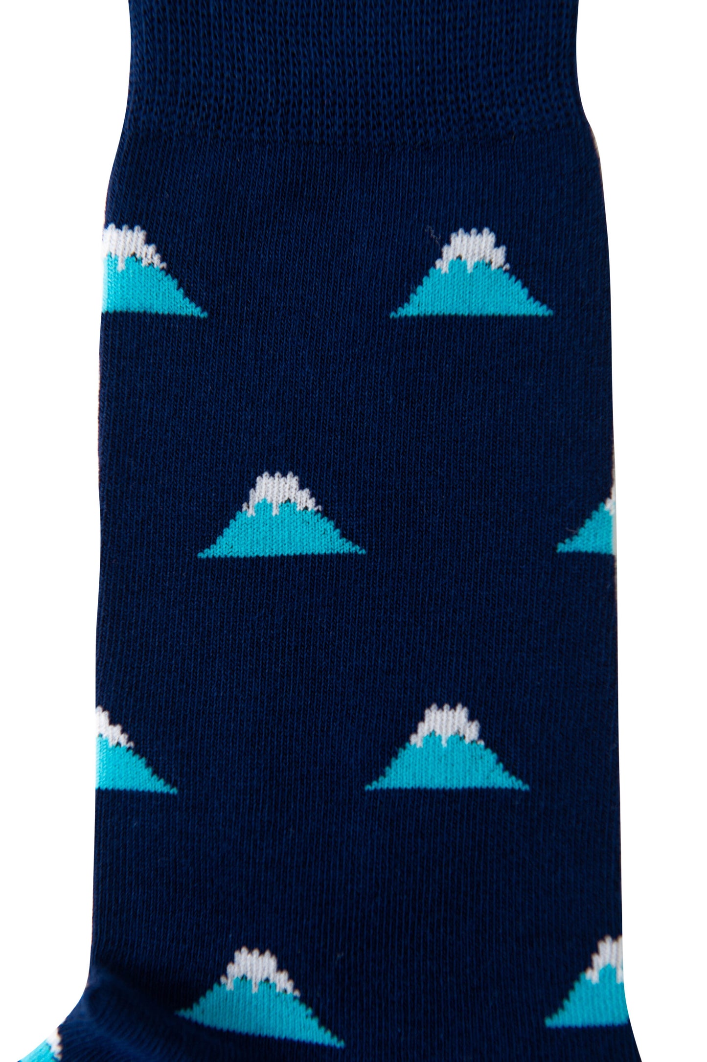 A close-up of Mountain Hiking Socks showcasing a navy blue sock featuring a repeating pattern of white-capped blue mountain peaks.
