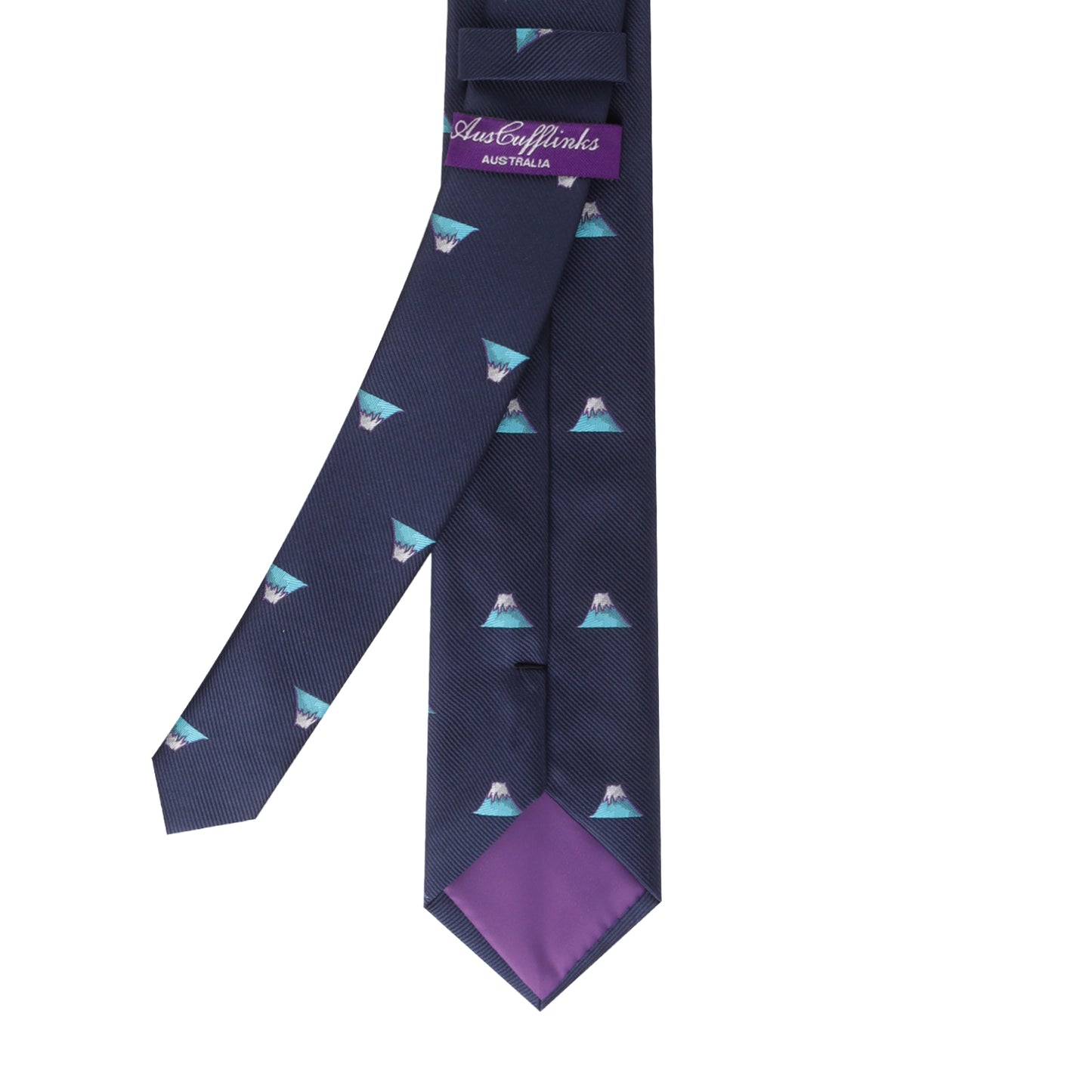 Introducing the Mountain Thin Tie: a dark blue tie adorned with small mountain peak patterns and enhanced with a purple lining on the underside, perfectly blending elegance with nature's charm.