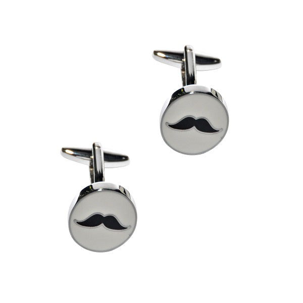 The Moustache Cufflinks feature a sleek, round design with black mustache motifs on a white background and silver borders, ideal for the modern gentleman seeking a formal look.