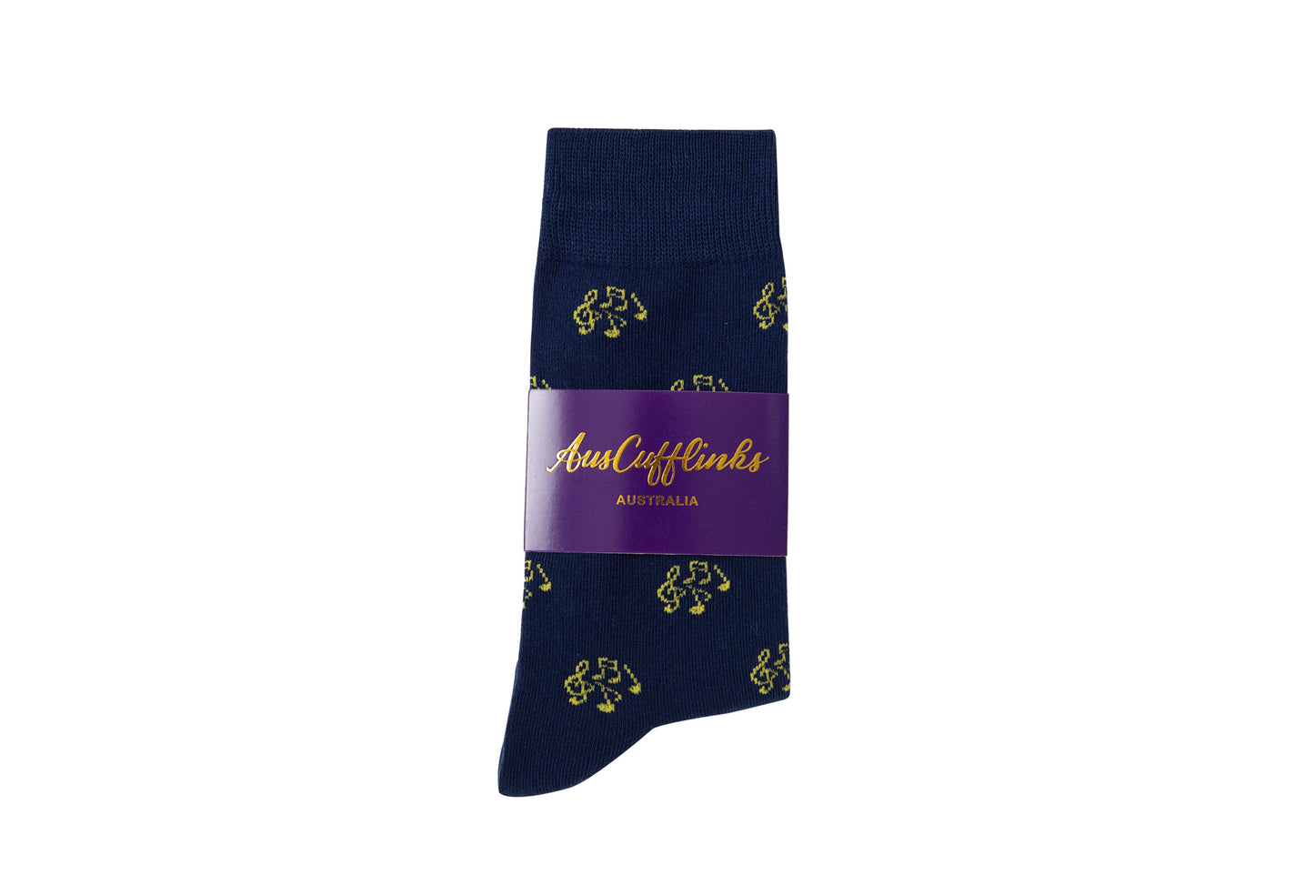 A single navy blue Musical Note Sock featuring yellow saxophones, wrapped with a purple "AustCufflinks AUSTRALIA" band in gold—a perfect gift for music lovers or musicians.