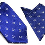 The Navy Anchor Business Tie & Pocket Square Set adds nautical charm with its white anchor patterns on a plain background, perfect for elevating your formal look.