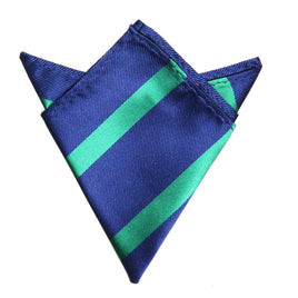 The Navy Green Stripe Pocket Square is elegantly folded with pointed edges on a plain white backdrop.