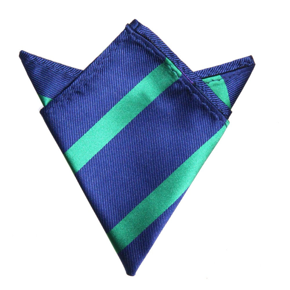 The Navy Green Stripe Business Tie & Pocket Square Set boasts a pocket square featuring green and blue stripes with sharp edges, exuding polished charm against a white background.