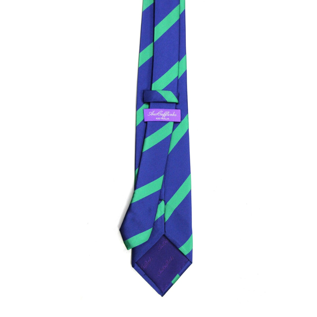 Navy green striped business tie with a pocket square set, featuring a refined purple label on the back for a sophisticated appeal.