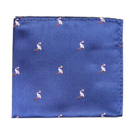 The Navy Pink Flamingo Pocket Square features a charming tropical-inspired pattern of small flamingos, adding elegance to any outfit.