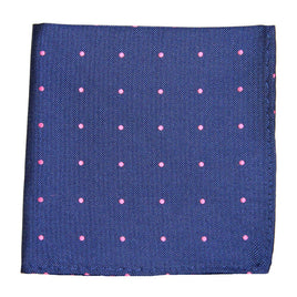 Enhance your formalwear with the stylish Navy Pink Polka Dot Pocket Square. This men's accessory features a navy blue fabric with small pink polka dots on a crisp white background.