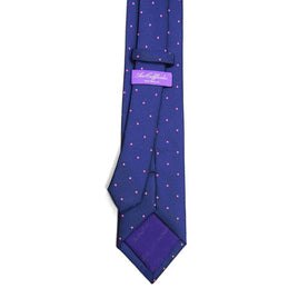 A playful Pink Polka Dot Navy Skinny Tie with a purple and pink polka dot pattern that exudes timeless charm.