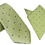 The Gold Navy Polka Dot Business Tie & Pocket Square Set features a green tie with small blue polka dots, perfect for an upscale look. Displayed on a white background, this set adds sophistication to any outfit.