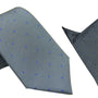 The Grey Navy Polka Dot Business Tie & Pocket Square Set includes a gray necktie and matching pocket square, featuring subtle navy polka dots.