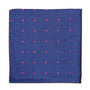 Discover the Navy Red Polka Dot Pocket Square. This stylish men's fashion accessory features a folded blue design highlighted with small red dots, adding sophistication to your formal look.