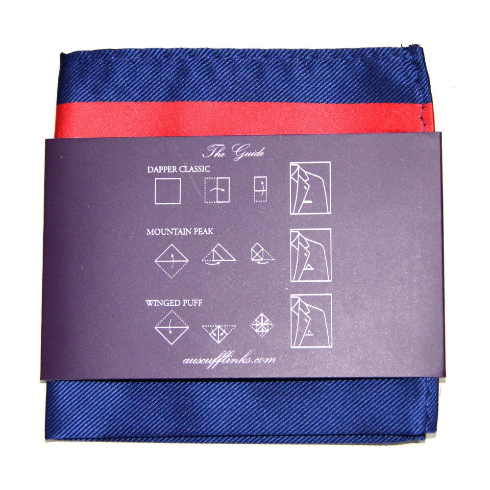 Explore the Navy Red Stripe Business Tie & Pocket Square Set, featuring a folded blue and red pocket square. It includes a guide for three stylish folds: Dapper Classic, Mountain Peak, and Winged Puff.