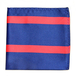 The Navy Red Stripe Pocket Square showcases a refined folded blue design adorned with two parallel red stripes, epitomizing classic elegance.